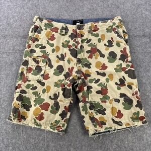 10.Deep Cargo Shorts Mens 38 Camo Canvas Drawstring Waist Raw Hem Streetwear